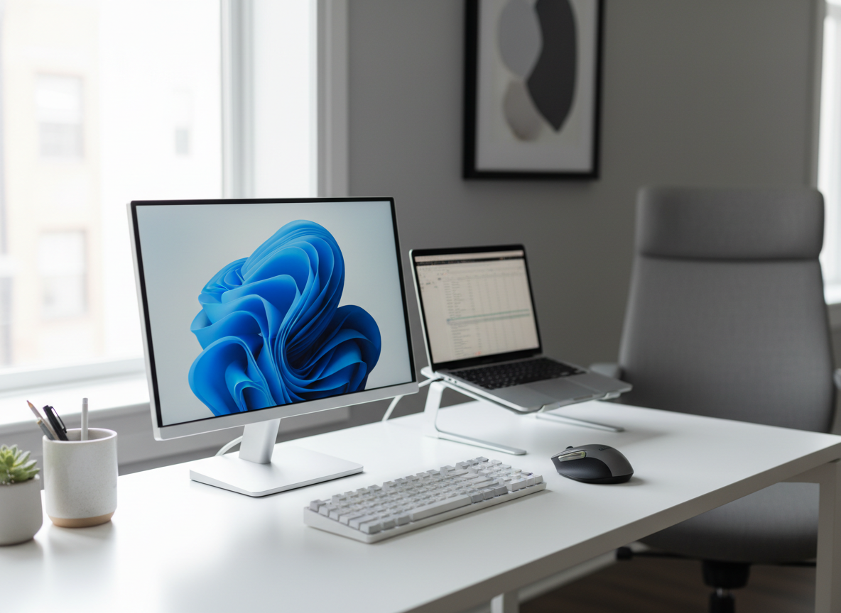 Tidy office workstation with monitor and laptop
